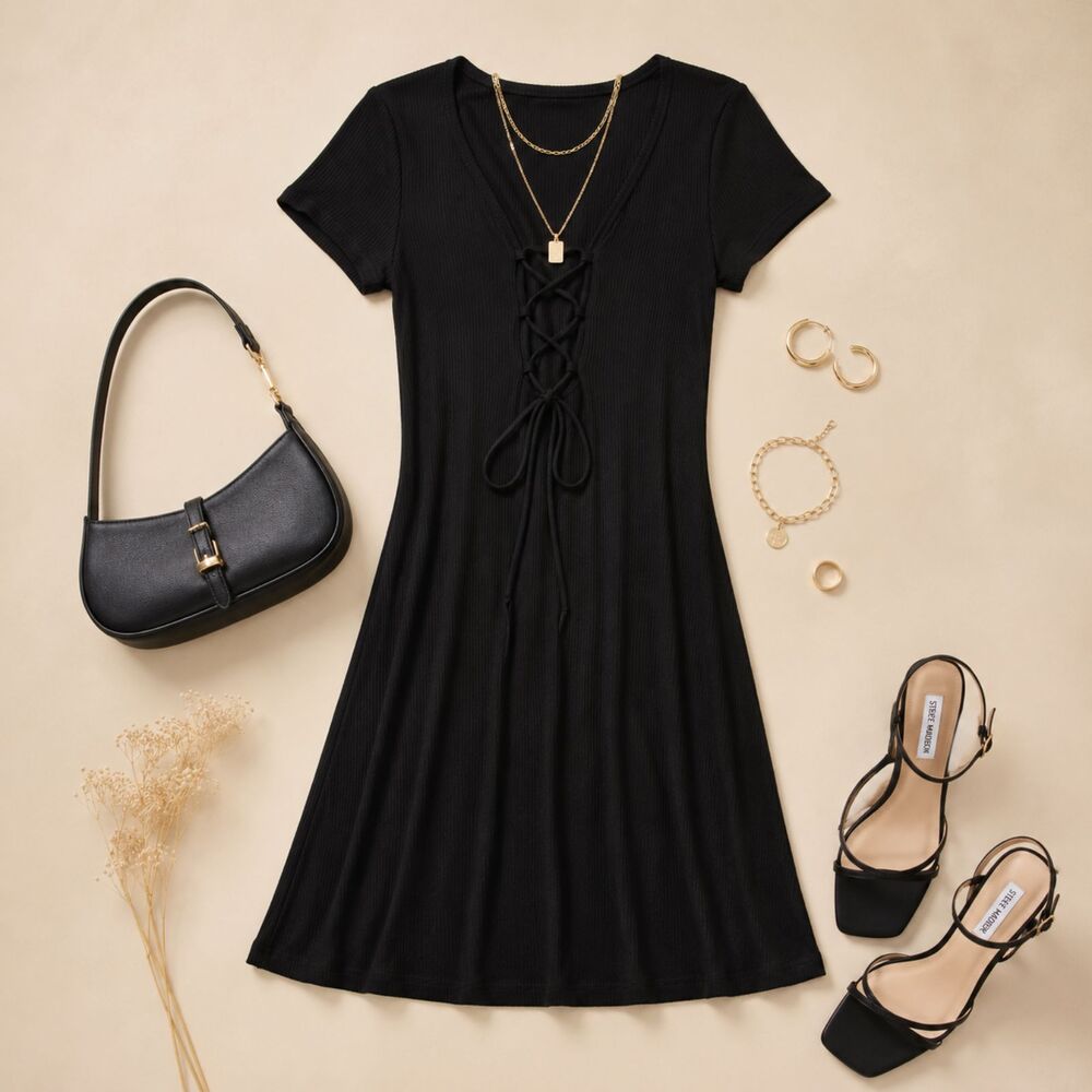 Forever 21 Black Ribbed Swing Mini Dress Lace Up Back Women's Small